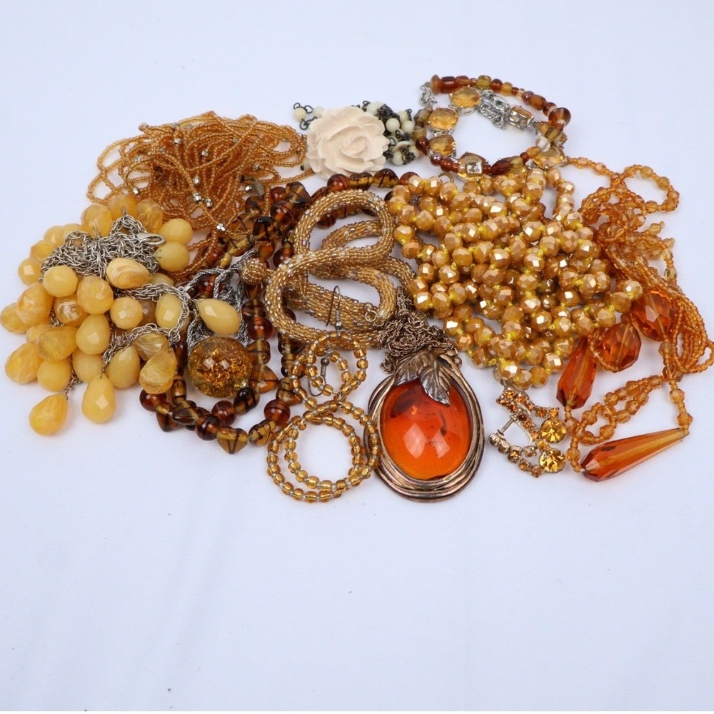 VTG-Modern Amber Honey Gold Beaded Statement Piece Jewelry Lot (13) Boho Earthy